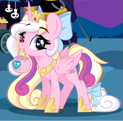 Size: 915x899 | Tagged: safe, artist:emberslament, oc, oc only, oc:bay breeze, pegasus, pony, alternate hairstyle, baydence, bow, closed mouth, clothes, costume, crown, cute, fake horn, female, hair bow, heart, heart eyes, hoof shoes, implied princess cadance, jewelry, looking at you, mare, mouth hold, nightmare night, ocbetes, pegasus oc, peytral, princess shoes, purple eyes, regalia, smiling, solo, standing, tail, tail bow, tiara, wingding eyes