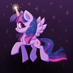 Size: 2000x2000 | Tagged: safe, artist:kutemango, twilight sparkle, alicorn, pony, g4, chibi, colorful, cute, dark background, female, glowing, glowing horn, gradient background, high res, horn, mare, purple background, solo, sparkles, spread wings, stars, twilight sparkle (alicorn), wings