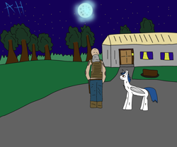 Size: 2400x2000 | Tagged: safe, artist:aegishailstorm, oc, oc:azure trailblazer, oc:william the quiet kid, alicorn, human, fanfic:the quiet kid, forest, high res, house, moon, nature, night, ponysona, stars, tree