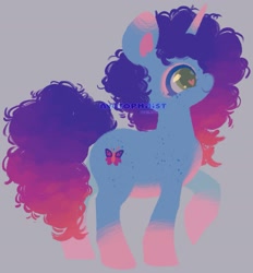 Size: 1793x1933 | Tagged: safe, artist:nyctophilist, derpibooru exclusive, misty brightdawn, pony, unicorn, g5, afro mane, blue coat, body freckles, coiled mane, cute, female, fluffy mane, freckles, happy, lineless, mare, mistybetes, purple mane, raised hoof, rebirth misty, smiling, solo