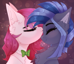 Size: 2506x2160 | Tagged: safe, artist:elektra-gertly, oc, oc only, oc:ellie berryheart, oc:pixi feather, pegasus, pony, abstract background, blushing, bowtie, bust, duo, duo female, ear fluff, eyes closed, eyeshadow, female, high res, kissing, makeup, portrait, simple background, smiling