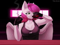 Size: 2800x2100 | Tagged: safe, artist:villjulie, oc, oc only, oc:ellie berryheart, pegasus, anthro, alcohol, bar, beer, big breasts, black t-shirt, breasts, cigarette, dreams, female, gachimuchi, green eyes, high res, solo, wings