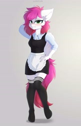 Size: 3726x5760 | Tagged: safe, artist:lunylin, oc, oc only, oc:ellie berryheart, pegasus, anthro, apron, black eyeshadow, breasts, clothes, dress, ear fluff, eyeshadow, green eyes, long eyelashes, makeup, skirt, smiling, socks, solo, sundress, tail, thigh highs, wings