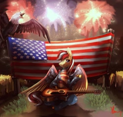 Size: 3070x2919 | Tagged: safe, artist:alumx, oc, oc only, oc:luna jax, bald eagle, bird, eagle, pegasus, pony, acoustic guitar, album cover, american flag, fireworks, flag, guitar, high res, male, murica, musical instrument, partially open wings, raised hoof, sitting, solo, stallion, united states, unshorn fetlocks, wings