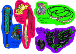 Size: 1414x1000 | Tagged: safe, artist:zetikoopa, oc, oc:abyss arturus, oc:ao guang, oc:mythic soul, oc:xolotl, ahuizotl (species), dragon, hybrid, kirin, longma, pony, umbrum, unicorn, ahuizotl oc, ao guang, aztec, beard, chain whip, chinese, chinese culture, chinese mythology, club (weapon), facial hair, immortal, king, kirin oc, longma oc, macuahuitl, male, moustache, ruler, saber, shield, stallion, sword, weapon