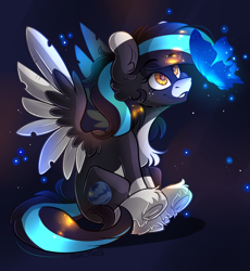 Size: 1852x2017 | Tagged: safe, artist:yuris, oc, oc only, butterfly, pegasus, pony, black background, ears up, female, frog (hoof), simple background, sitting, smiling, solo, spread wings, trade, underhoof, wings