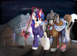 Size: 5500x4000 | Tagged: safe, artist:appleneedle, part of a set, oc, oc only, oc:littlepip, oc:snowi, oc:strawberry cocoa (the coco clan), monster pony, pony, unicorn, comic:littlepip and snowi and female strawberry cocoa 0, fallout equestria, absurd resolution, anklet, bag, blade, blaze (coat marking), blue eyes, blue mane, blue tail, blushing, brown coat, brown tail, catchlights, coat markings, colored hooves, commission, cute, detailed background, ears up, eyelashes, eyes closed, eyes open, facial markings, female, food, friends, gray hooves, hoof ring, hoofbump, hooves, horn, hut, jewelry, larger female, leg fluff, lidded eyes, long mane, looking at each other, looking at someone, loot, magic, magic aura, mane, mare, moon, night, ocbetes, part of a series, pony oc, raised hoof, ready to fight, red eyes, red mane, red tail, segmented tail, size difference, sleeping, smaller female, smiling, strawberry, sword, tail, telekinesis, tired, trio, trio female, two toned coat, two toned mane, two toned tail, unicorn oc, walk, weapon