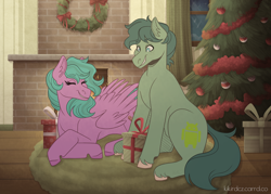 Size: 3500x2500 | Tagged: safe, artist:monnarcha, oc, oc only, earth pony, pegasus, pony, christmas, christmas tree, christmas wreath, female, fire, fireplace, high res, holiday, male, mare, present, snow, stallion, tree, window, wreath
