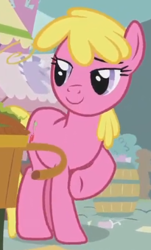 Size: 205x340 | Tagged: safe, screencap, cherry berry, earth pony, pony, g4, season 1, closed mouth, cropped, female, lidded eyes, mare, raised hoof, smiling, solo, standing