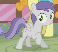 Size: 202x181 | Tagged: safe, screencap, tornado bolt, pegasus, pony, call of the cutie, g4, season 1, animation error, closed mouth, female, filly, foal, missing eyelashes, raised hoof, shocked, shrunken pupils, spread wings, standing, sugarcube corner, wings