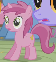 Size: 226x248 | Tagged: safe, screencap, orange blossom, pokey pierce, prim posy, ruby pinch, pony, unicorn, call of the cutie, g4, season 1, cropped, cute, female, filly, foal, open mouth, pinchybetes, ruby pinch is not amused, shocked, solo focus, standing, sugarcube corner, unamused