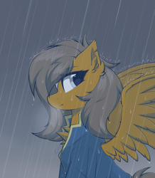 Size: 1135x1300 | Tagged: safe, artist:rieyadraws, oc, oc only, oc:clank, pegasus, pony, bandage, chest fluff, clothes, commission, ear fluff, fallout, looking at you, rain, side view, solo, spread wings, wings