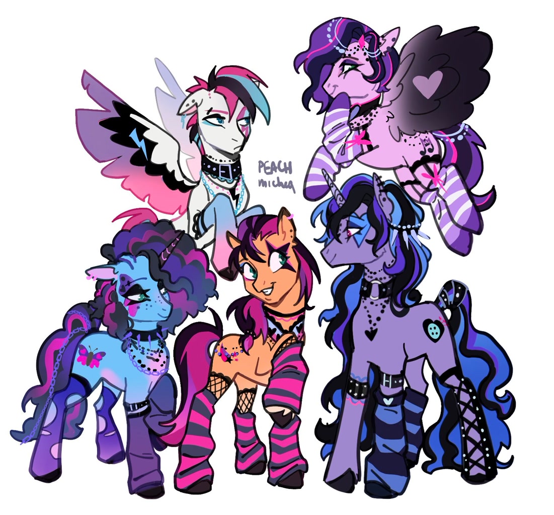 [bracelet,clothes,cornrows,dyed hair,female,g5,goth,jewelry,mare,necklace,pony,safe,simple background,socks,white background,wings,dyed mane,gradient wings,colored wings,fishnet clothing,sunny starscout,izzy moonbow,zipp storm,pipp petals,artist:peachmichea,goth izzy,goth zipp,misty brightdawn,goth pipp,goth sunny,goth misty]
