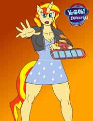 Size: 8927x11611 | Tagged: safe, artist:digigex90, sunset shimmer, unicorn, anthro, g4, clothes, dress, duel disk, female, gradient background, jacket, mare, solo, yu-gi-oh!