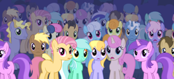 Size: 1348x617 | Tagged: safe, screencap, amethyst star, bon bon, candy mane, carrot top, cherry cola, cherry fizzy, cloud kicker, coco crusoe, doctor whooves, golden harvest, lemon hearts, linky, lyra heartstrings, minuette, pokey pierce, ponet, rainbowshine, shoeshine, sparkler, sweetie drops, time turner, twinkleshine, earth pony, pegasus, pony, unicorn, g4, season 1, the show stoppers, background pony audience, closed mouth, cropped, earth pony cloud kicker, earth pony lemon hearts, earth pony lyra heartstrings, earth pony minuette, female, frown, male, mare, missing horn, multeity, open mouth, race swap, stallion, standing