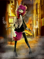 Size: 1899x2534 | Tagged: safe, oc, oc only, oc:ellie berryheart, pegasus, anthro, apocalypse, blood, city, clothes, female, fire, fog, green eyes, gun, gunslinger, heels on a horse, jacket, long ears, looking at you, pigtails, serious, skirt, smoke, solo, stockings, tail, thigh highs, tights, weapon, wings