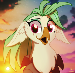 Size: 2229x2160 | Tagged: safe, artist:zidanemina, captain celaeno, avian, bird, ornithian, anthro, g4, my little pony: the movie, alternate hairstyle, bust, high res, orni, portrait, scar, smiling, solo, sunset