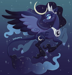 Size: 2432x2522 | Tagged: safe, artist:bishopony, princess luna, alicorn, classical unicorn, pony, g4, alternate design, cloven hooves, concave belly, crescent horn, crown, curved horn, female, gradient background, high res, horn, jewelry, leonine tail, lidded eyes, long feather, mare, peytral, regalia, signature, slender, solo, spread wings, stars, thin, turned head, wings