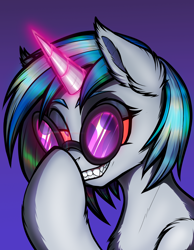 Size: 1400x1800 | Tagged: safe, artist:jehr, dj pon-3, vinyl scratch, pony, undead, unicorn, vampire, g4, breast fluff, colored, commission, ear fluff, fangs, fluffy, food, glasses, glowing, glowing eyes, glowing horn, gradient background, grin, gum, halloween, holiday, horn, looking at you, magic, pink, race swap, red eyes, smiling, smiling at you, solo