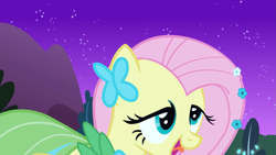 Size: 1153x649 | Tagged: safe, screencap, fluttershy, pegasus, pony, g4, season 1, the best night ever, animation error, at the gala, clothes, derp, dress, faic, female, gala dress, mare, night, night sky, open mouth, sky, smiling, solo, starry night, they just didn't care, tongue out