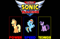 Size: 828x543 | Tagged: safe, artist:teaganm, applejack, rainbow dash, twilight sparkle, alicorn, earth pony, pegasus, pony, g4, female, power, solo, speed, team sonic racing, technique, twilight sparkle (alicorn)