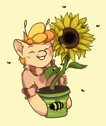 Size: 2060x2449 | Tagged: safe, artist:ju4111a, oc, oc only, oc:baffie, bee, insect, antennae, blushing, clothes, cute, eyes closed, fanart, flower, high res, looking at you, male, plant, pot, simple background, smiling, smiling at you, solo, sunflower, sweater, yellow background