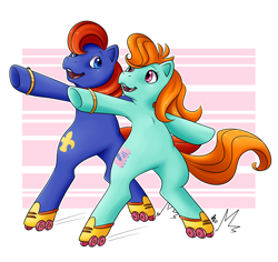 Size: 1842x1737 | Tagged: safe, artist:shini-smurf, bright eyes, lancer, earth pony, pony, g1, my little pony tales, bipedal, dancing, female, jewelry, male, ring, roller skates, ship:brightlancer, shipping, simple background, skates, smiling, straight, wedding ring