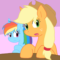 Size: 916x915 | Tagged: safe, artist:cmara, applejack, rainbow dash, earth pony, pegasus, pony, g4, applejack's hat, cowboy hat, cute, dashabetes, female, hat, jackabetes