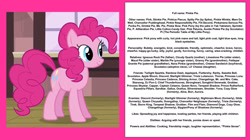 Size: 2048x1143 | Tagged: safe, artist:colmodo, edit, edited screencap, screencap, pinkie pie, earth pony, pony, g4, season 4, three's a crowd, biography, blue eyes, curly hair, curly mane, curly tail, female, mare, pink body, pink coat, pink fur, pink hair, pink mane, pink pony, pink tail, solo, tail