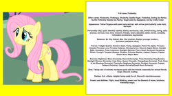 Size: 2048x1140 | Tagged: safe, artist:colmodo, edit, edited screencap, screencap, fluttershy, pegasus, pony, g4, season 1, stare master, biography, female, folded wings, mare, pink hair, pink mane, pink tail, solo, tail, teal eyes, wings, yellow body, yellow coat, yellow fur, yellow pony, yellow wings