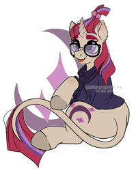Size: 3850x4827 | Tagged: safe, artist:goatburps, moondancer, classical unicorn, pony, unicorn, g4, clothes, cloven hooves, curved horn, eyebrows, female, freckles, glasses, happy, horn, leonine tail, mare, open mouth, open smile, simple background, sitting, smiling, solo, sweater, tail, transparent background, unshorn fetlocks, watermark