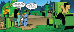 Size: 1698x732 | Tagged: safe, artist:andy price, idw, official comic, earth pony, pony, squirrel, friendship is magic #28, g4, spoiler:comic, barrel, construction pony, cropped, helmet, male, speech bubble, stallion, tent, this will end in death, this will end in tears, this will end in tears and/or death, this will not end well, unnamed character, unnamed pony, vegetation