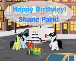 Size: 6242x4978 | Tagged: safe, artist:creedyboy124, oc, oc:chloe park, oc:sadie park, oc:shane park, pegasus, pony, g4, birthday, cake, candle, city, female, food, hat, male, mare, party hat, present, shocked, stallion, surprised, van