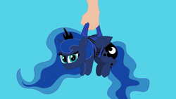 Size: 3840x2160 | Tagged: safe, alternate character, alternate version, artist:duran301, princess luna, series:pack a pony, g4, blue background, carrying, hand, high res, simple background, solo