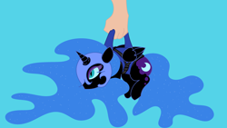 Size: 3840x2160 | Tagged: safe, alternate character, alternate version, artist:duran301, nightmare moon, series:pack a pony, g4, blue background, carrying, hand, high res, simple background, solo