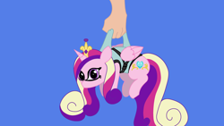 Size: 3840x2160 | Tagged: safe, alternate character, alternate version, artist:duran301, princess cadance, series:pack a pony, g4, blue background, carrying, hand, high res, simple background, solo