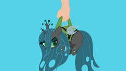 Size: 3840x2160 | Tagged: safe, alternate character, alternate version, artist:duran301, queen chrysalis, changeling, changeling queen, human, series:pack a pony, g4, blue background, clothes, female, glare, hand, harness, high res, lidded eyes, simple background, solo focus, unamused, vest