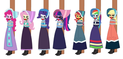 Size: 2581x1244 | Tagged: safe, artist:brightstar40k, applejack, fluttershy, pinkie pie, rainbow dash, rarity, sci-twi, sunset shimmer, twilight sparkle, human, equestria girls, g4, ballgag, bondage, bound and gagged, clothes, dress, gag, humane five, humane seven, humane six, long dress, long skirt, pole tied, simple background, skirt, tied up, victorian, victorian dress, white background