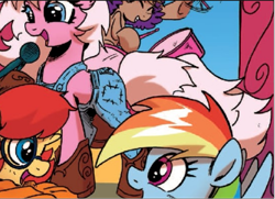 Size: 709x514 | Tagged: safe, idw, official comic, prancy drew, rainbow dash, strawberry gem, earth pony, pony, friends forever #16, g4, my little pony: friends forever, spoiler:comic, clothes, female, jem, jem and the holograms, mare, overalls, pony pickers, scooby-doo!, velma dinkley