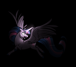 Size: 1500x1328 | Tagged: safe, artist:pandan009, twilight sparkle, alicorn, pony, g4, chiaroscuro, dark, glowing, glowing horn, horn, shrunken pupils, solo, spread wings, twilight sparkle (alicorn), wings