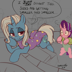 Size: 1919x1919 | Tagged: safe, artist:smeevel27, starlight glimmer, trixie, pony, unicorn, g4, blushing, butt, clothes, dialogue, eyes on the prize, female, gray background, implied lesbian, implied shipping, implied startrix, large butt, lesbian, looking at butt, mare, one-piece swimsuit, plot, poolside, reacting to nudity, ship:startrix, shipping, signature, simple background, speech bubble, swimming, swimming pool, swimsuit, the great and powerful ass, water wings