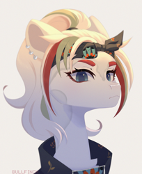 Size: 4088x5000 | Tagged: safe, artist:cherebushek, oc, oc only, earth pony, pony, absurd file size, bandana, bust, clothes, commission, ear piercing, earring, female, jewelry, mare, piercing, ponytail, simple background, solo