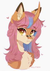 Size: 2418x3426 | Tagged: safe, artist:cherebushek, oc, oc only, pony, unicorn, bandaid, bandaid on nose, bust, chest fluff, curved horn, ear fluff, eyebrows, eyebrows visible through hair, female, hair braid, heart, high res, horn, mare, simple background, solo, white background