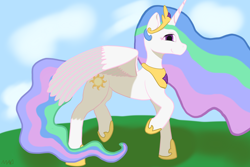 Size: 3072x2048 | Tagged: safe, artist:maonyman, princess celestia, alicorn, pony, g4, cloud, female, high res, jewelry, lighting, looking at you, mare, raised hoof, raised hooves, regalia, shadow, sky, smiling, solo, spread wings, wings