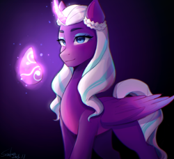 Size: 2250x2048 | Tagged: safe, artist:xiaowu07, opaline arcana, alicorn, pony, g5, colored wings, dark background, dragon stone, eyebrows, eyeshadow, female, folded wings, glowing, glowing horn, gradient wings, high res, horn, looking at you, magic, magic aura, makeup, mare, signature, smiling, smiling at you, solo, telekinesis, wings