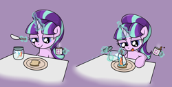 Size: 4154x2103 | Tagged: safe, artist:background basset, starlight glimmer, pony, unicorn, g4, bread, evil starlight, food, jar, magic, plate, pouring, s5 starlight, simple background, solo, spatula, stolen cutie marks, table, taste the rainbow, telekinesis, toast, tongue out