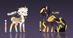 Size: 5500x2904 | Tagged: safe, artist:cherebushek, oc, oc only, oc:flaffy rainbow, oc:flare, pegasus, pony, unicorn, adoptable, bell, bell collar, chest fluff, clothes, collar, curved horn, duo, ear fluff, horn, leonine tail, male, multiple horns, reference sheet, reflection, socks, stallion, tail