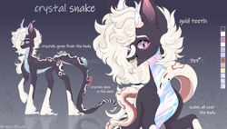 Size: 6726x3824 | Tagged: safe, artist:cherebushek, oc, cobra, original species, pony, snake, adoptable, coat markings, crystal, ear fluff, facial markings, fangs, female, forked tongue, horns, mare, reference sheet, slit pupils, tongue out, unshorn fetlocks