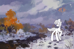 Size: 2586x1734 | Tagged: safe, artist:koviry, oc, oc only, earth pony, pony, butt, commission, plot, river, scenery, snow, solo, water, your character here