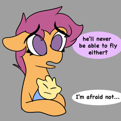 Size: 1000x1000 | Tagged: safe, artist:cosmicriff, scootaloo, oc, oc:riptide, hybrid, g4, baby, female, interspecies offspring, mother, mother and child, offspring, older, older scootaloo, parent:scootaloo, parent:terramar, parents:terraloo, reality ensues, sad, tearjerker, unfortunate implications